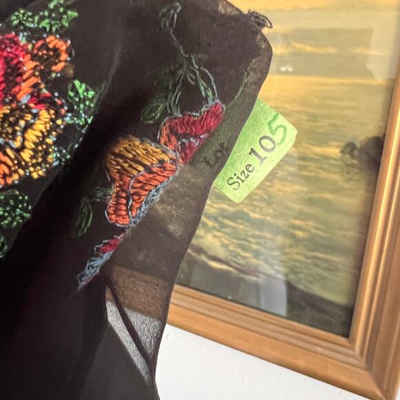 Vintage 70s black sheer crop top blouse floral embroidered boho whimsigoth Small - Picture 8 of 10